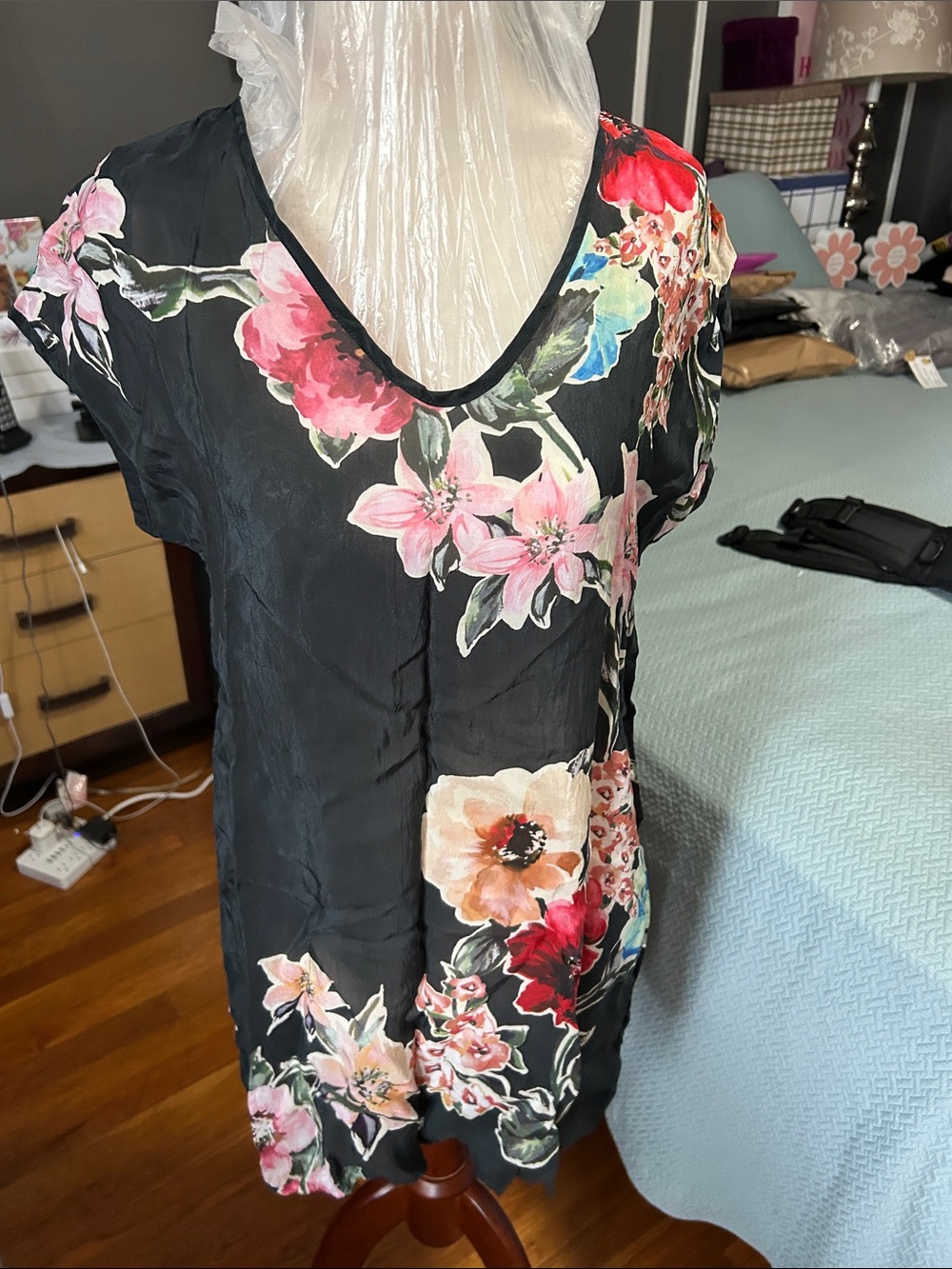 Floral V-Neck Black Women’s Top - Pink & Red Bloom Print